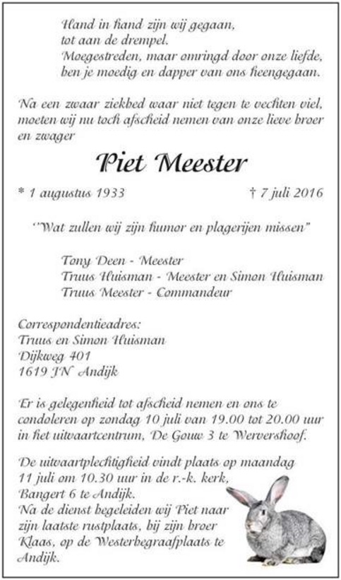 overlijdensadvertentie Piet Meester